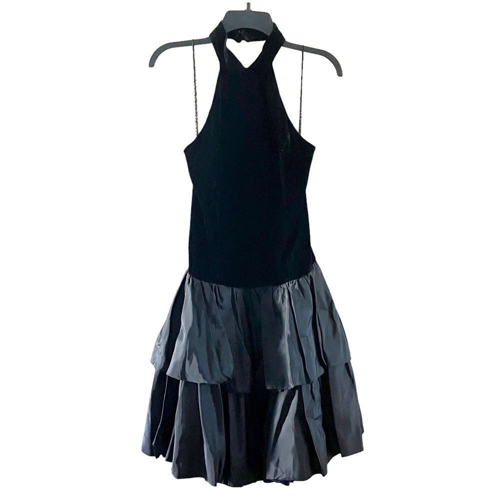 Vintage Black Velvet Taffeta Halter Neck Dress